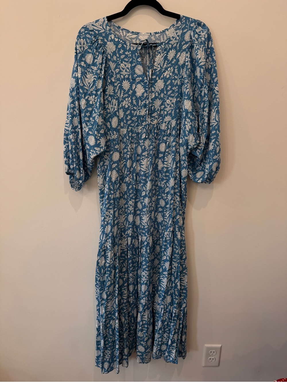 Amazon Blue Floral Tiered Midi Dress with Tie Neck
